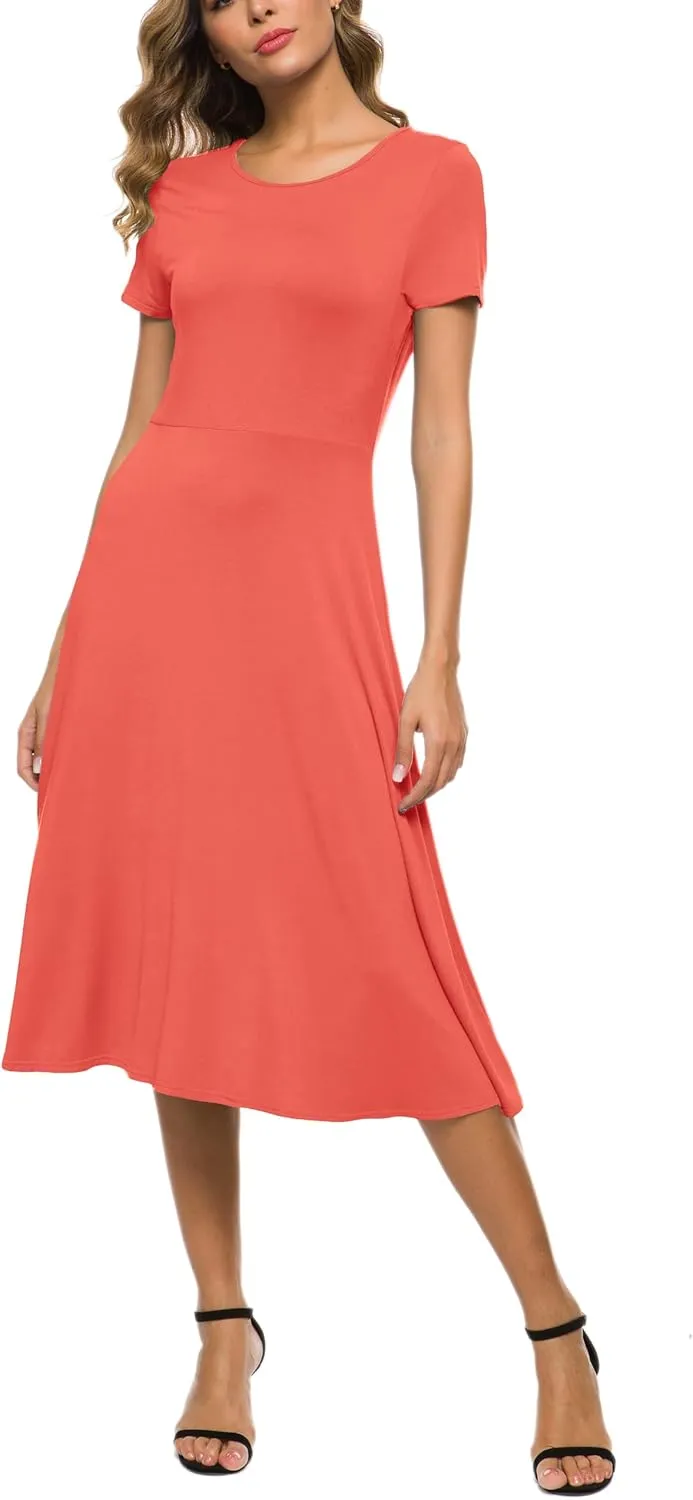 Women's Casual Round Neck Short Sleeve Midi Dress Solid Stretchy Waist Knee Long Dress