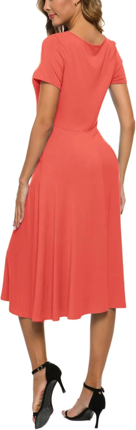 Women's Casual Round Neck Short Sleeve Midi Dress Solid Stretchy Waist Knee Long Dress
