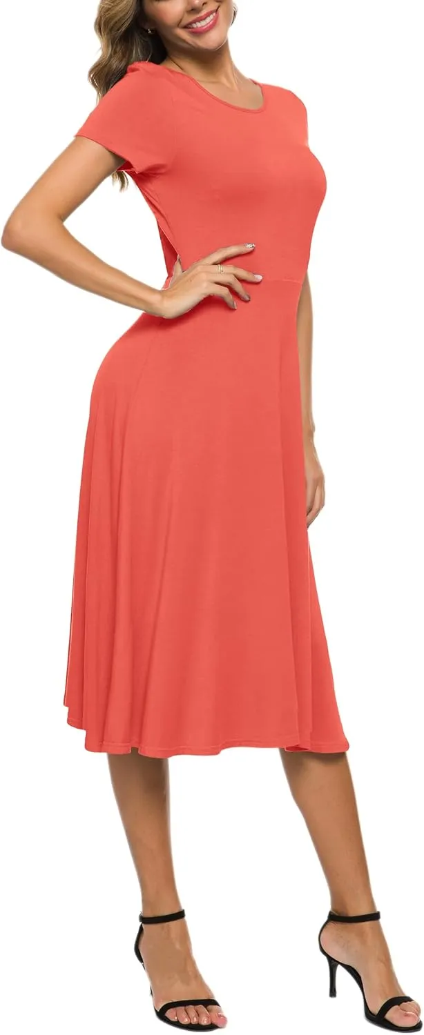 Women's Casual Round Neck Short Sleeve Midi Dress Solid Stretchy Waist Knee Long Dress