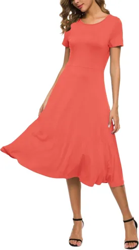 Women's Casual Round Neck Short Sleeve Midi Dress Solid Stretchy Waist Knee Long Dress
