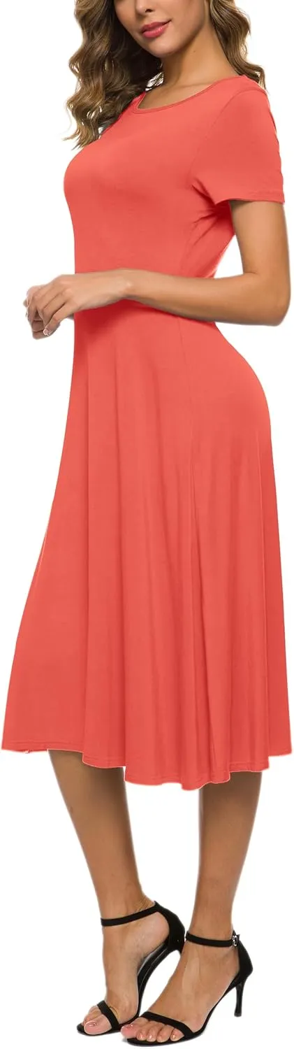 Women's Casual Round Neck Short Sleeve Midi Dress Solid Stretchy Waist Knee Long Dress