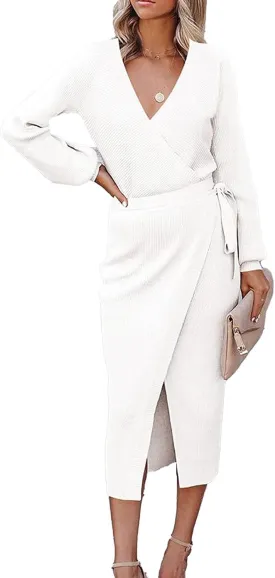 Women's Elegant V Neck Wrap Knit Dress Batwing Sleeve Backless Sweater Dress Slit Pullover Maxi Dress with Belted