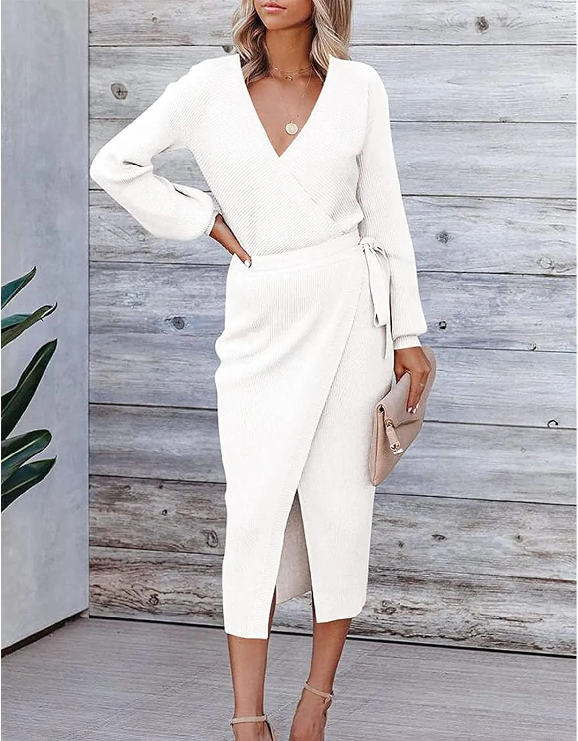 Women's Elegant V Neck Wrap Knit Dress Batwing Sleeve Backless Sweater Dress Slit Pullover Maxi Dress with Belted
