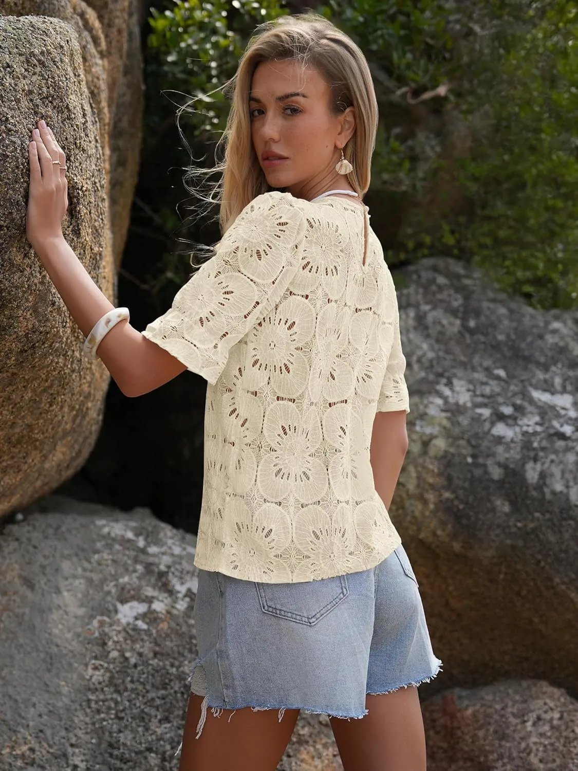 Women's Eyelet Tops Puff Short Sleeve Blouses Dressy Casual Cute Hollow Out Crochet Lace Embroidered Summer Shirts