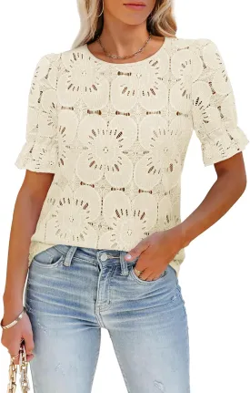 Women's Eyelet Tops Puff Short Sleeve Blouses Dressy Casual Cute Hollow Out Crochet Lace Embroidered Summer Shirts