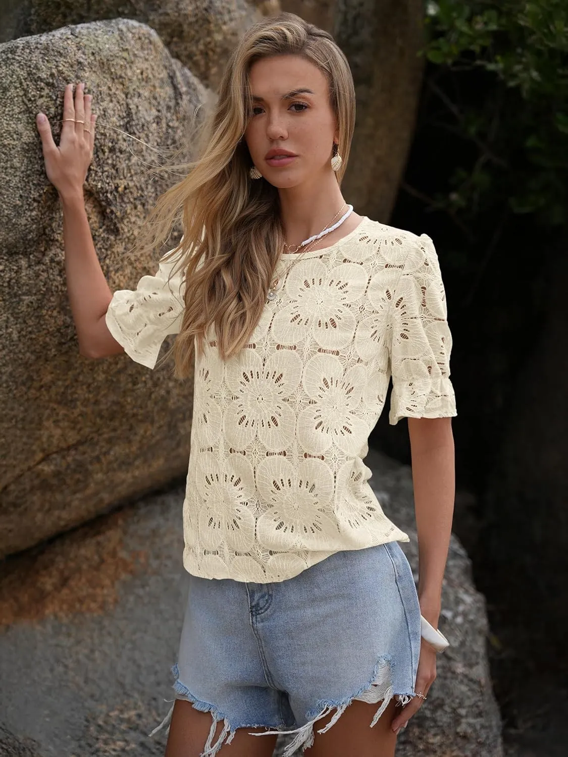 Women's Eyelet Tops Puff Short Sleeve Blouses Dressy Casual Cute Hollow Out Crochet Lace Embroidered Summer Shirts