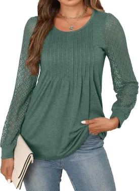 Womens Lace Long Sleeve Shirts Dressy Causal Work Blouses Flowy Tunic Tops Summer Trendy Business Outfits