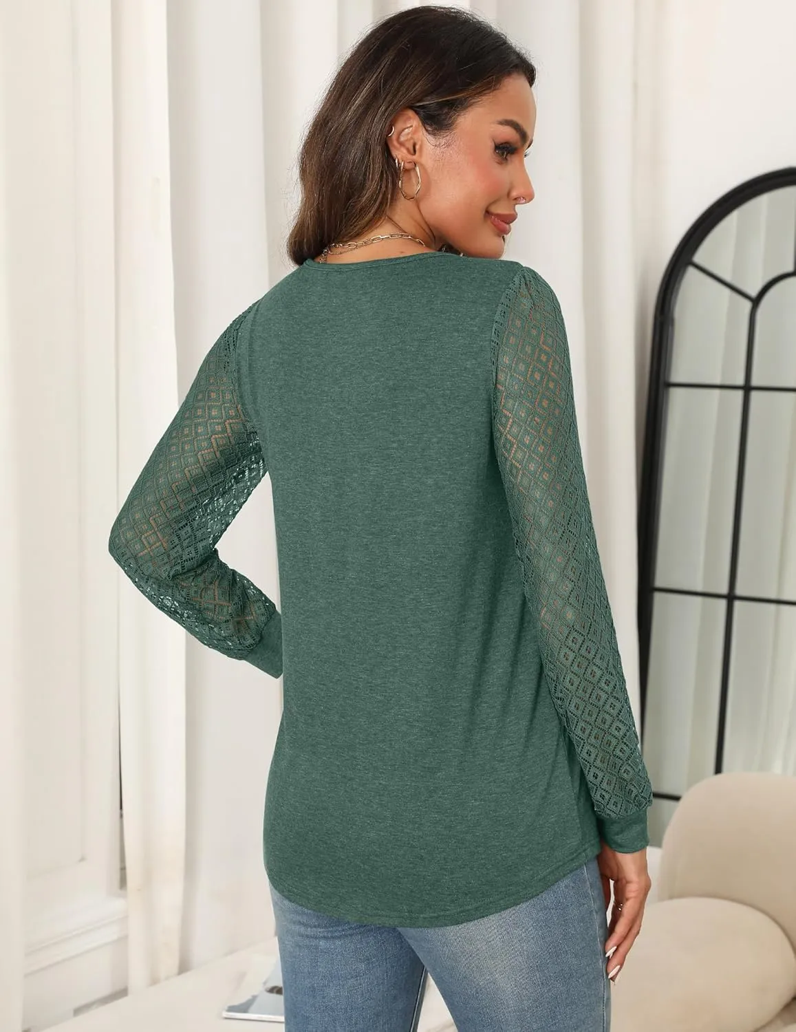 Womens Lace Long Sleeve Shirts Dressy Causal Work Blouses Flowy Tunic Tops Summer Trendy Business Outfits