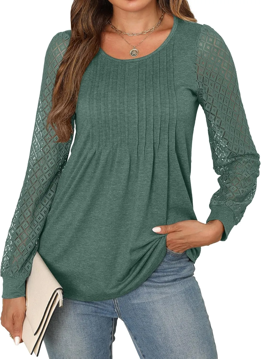 Womens Lace Long Sleeve Shirts Dressy Causal Work Blouses Flowy Tunic Tops Summer Trendy Business Outfits