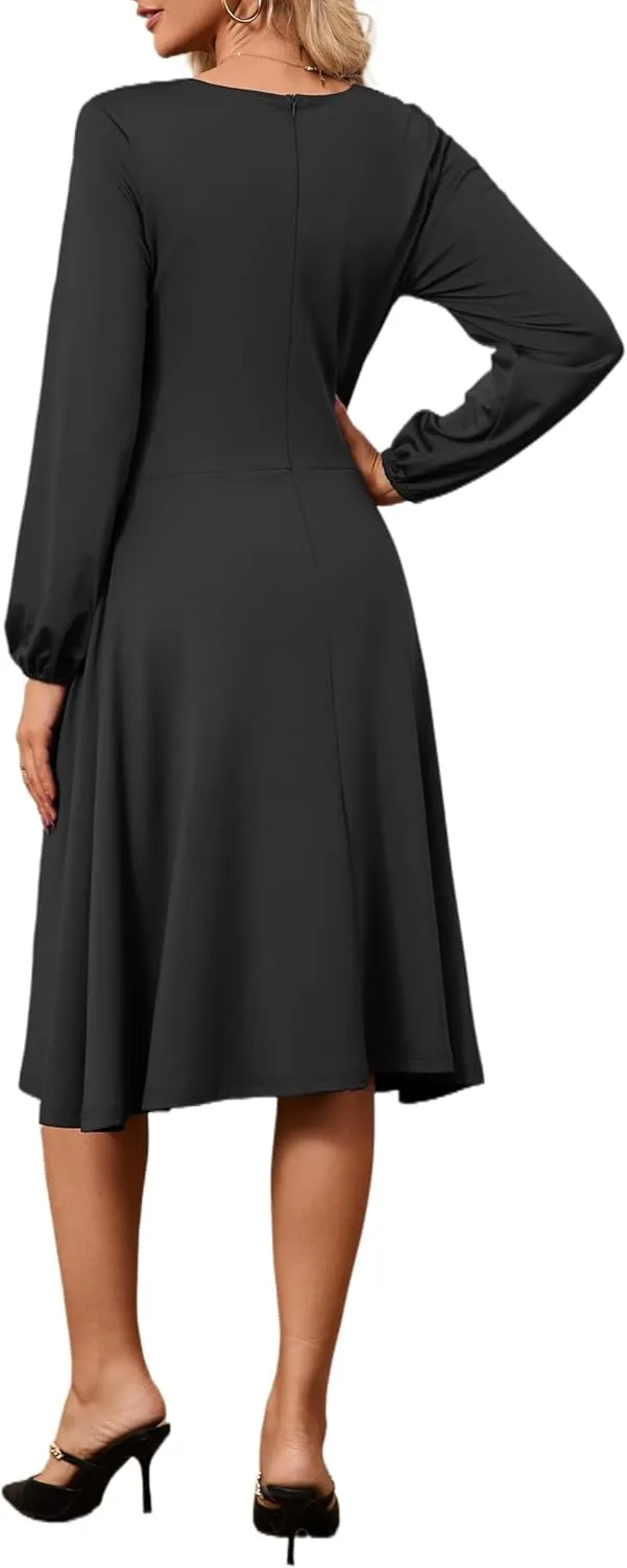 Women's Long Sleeve Midi Dress Round Neck Lantern Sleeve Vintage Church Dresses