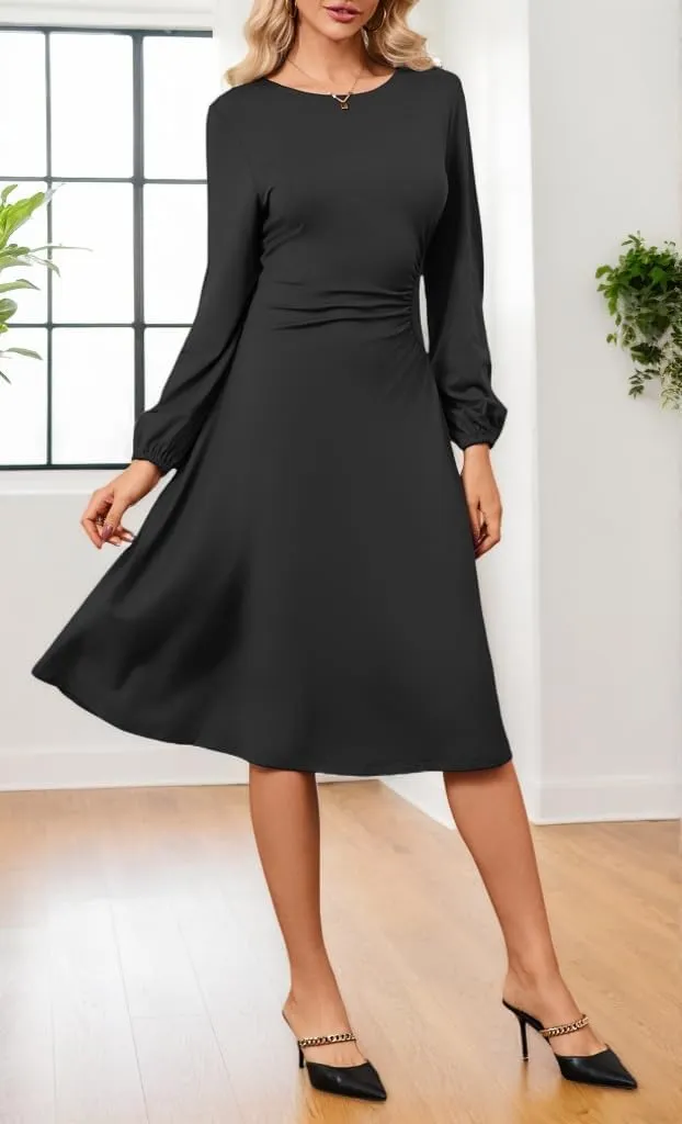 Women's Long Sleeve Midi Dress Round Neck Lantern Sleeve Vintage Church Dresses