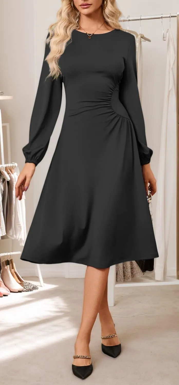 Women's Long Sleeve Midi Dress Round Neck Lantern Sleeve Vintage Church Dresses