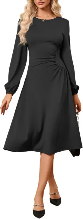 Women's Long Sleeve Midi Dress Round Neck Lantern Sleeve Vintage Church Dresses