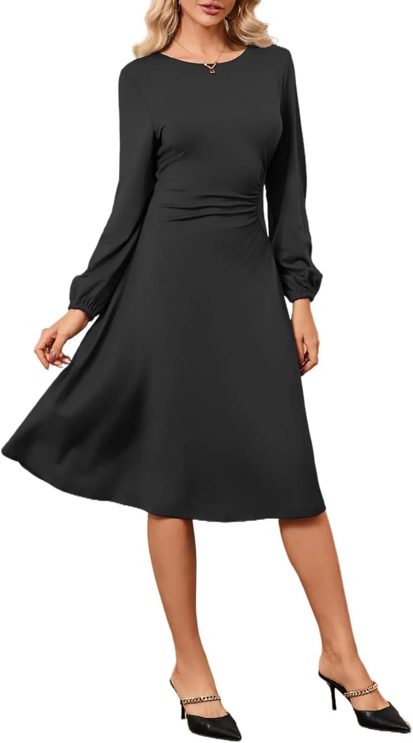 Women's Long Sleeve Midi Dress Round Neck Lantern Sleeve Vintage Church Dresses