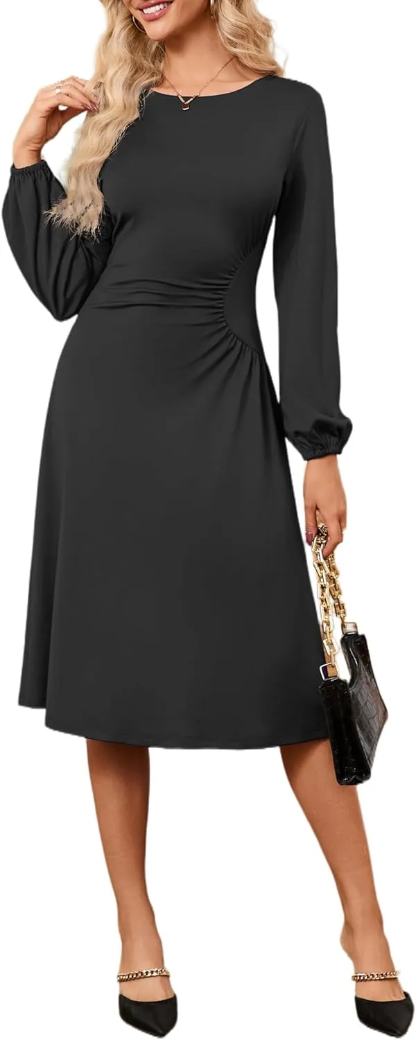Women's Long Sleeve Midi Dress Round Neck Lantern Sleeve Vintage Church Dresses