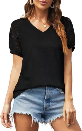 Womens Long/Short Sleeve Tops Lace Shirt Casual Loose T Shirts Blouses