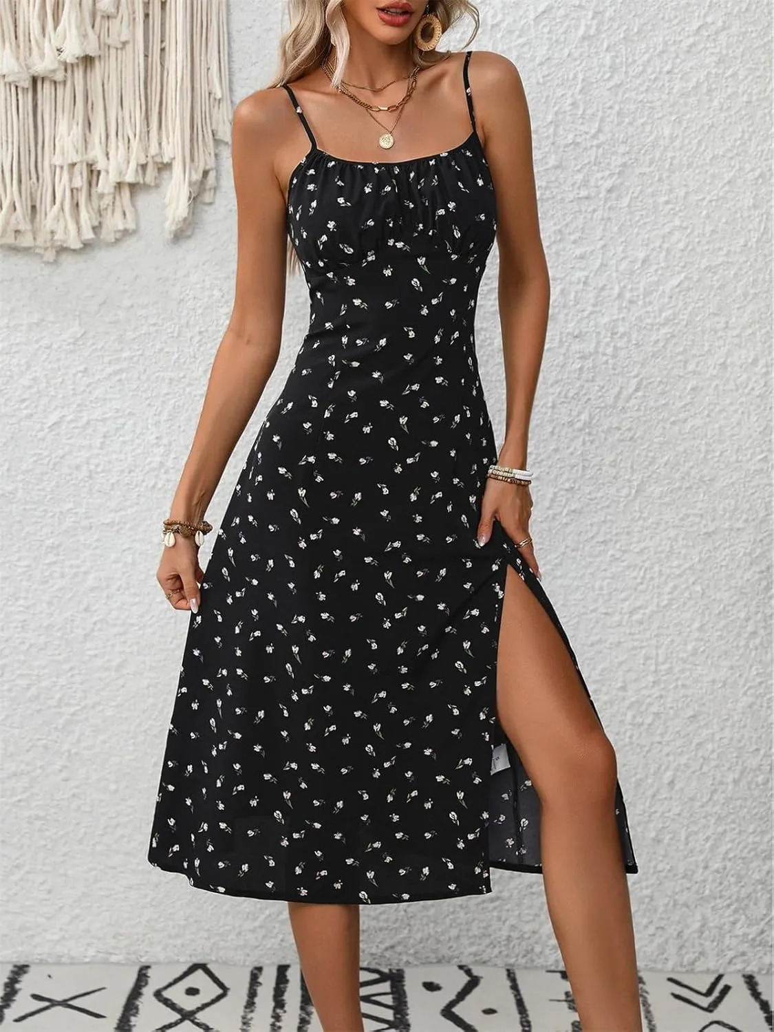 Women's Spaghetti Strap Backless Side Slit Floral Print Split Party Club Cami Midi Dress