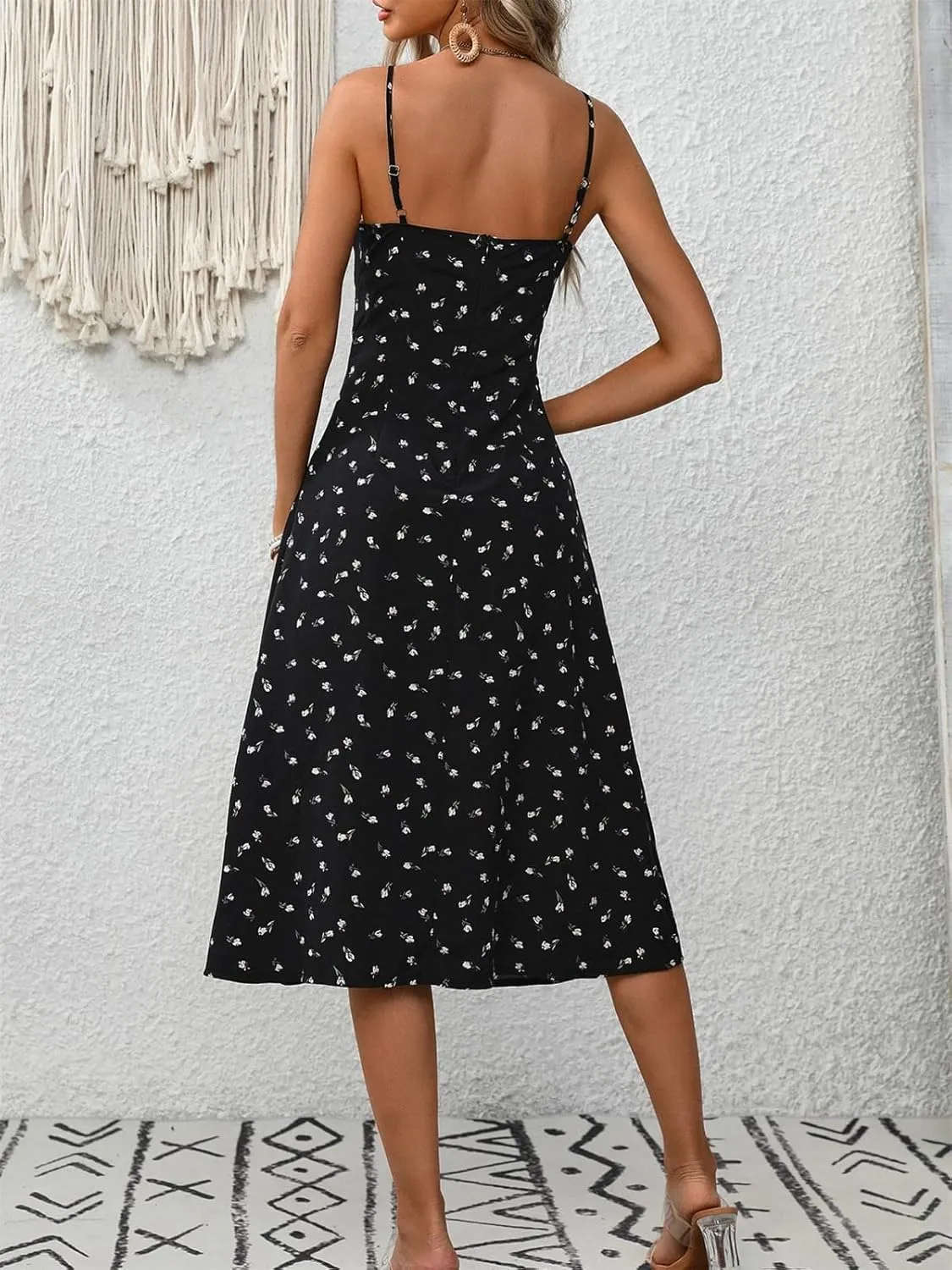 Women's Spaghetti Strap Backless Side Slit Floral Print Split Party Club Cami Midi Dress