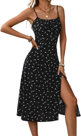 Women's Spaghetti Strap Backless Side Slit Floral Print Split Party Club Cami Midi Dress