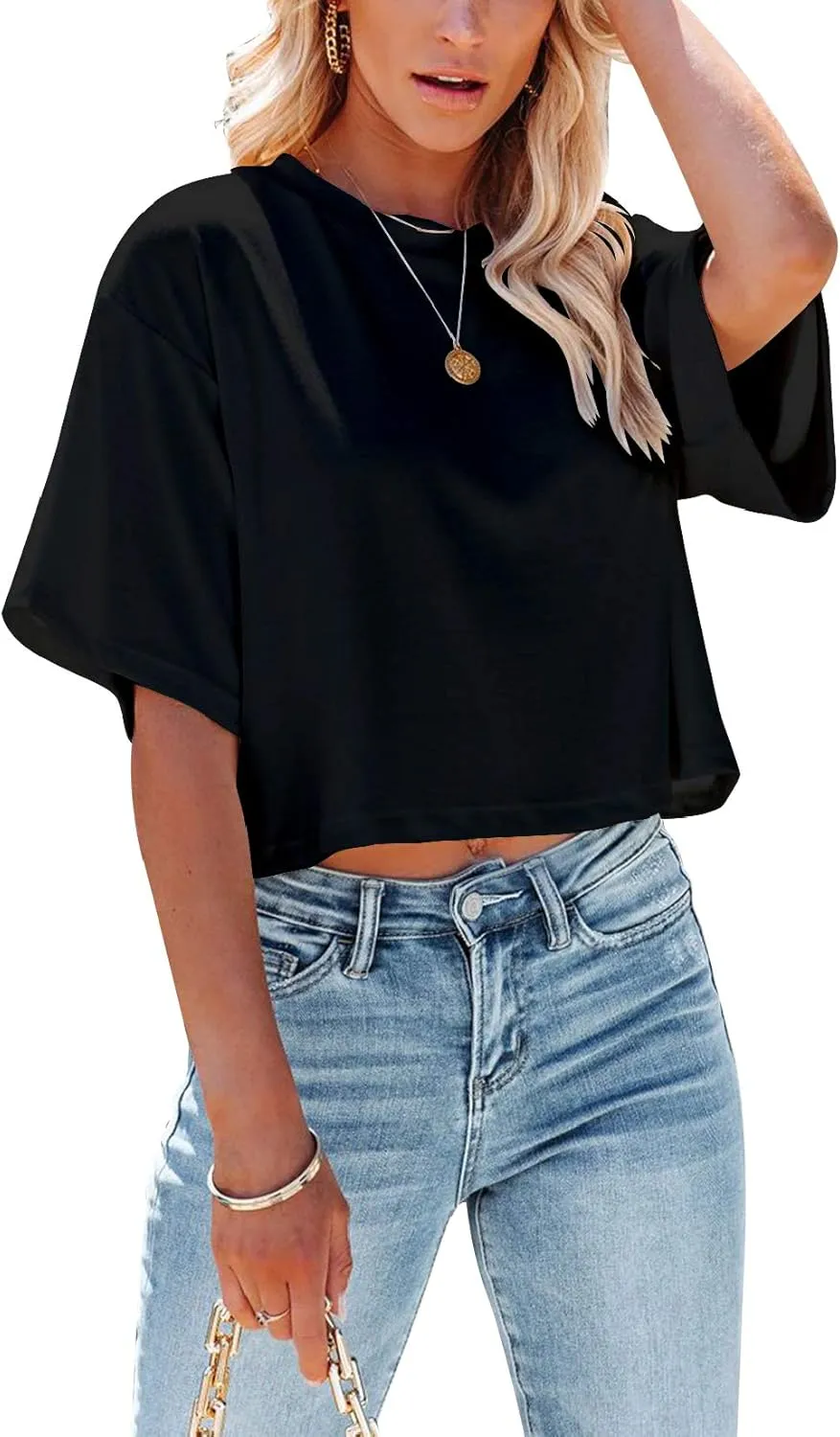 Yuccalley Women's Summer Crop Tops Short Sleeve Round Neck T-Shirt Basic Tees