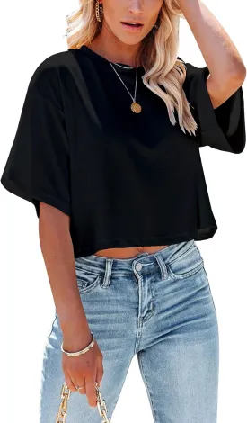 Yuccalley Women's Summer Crop Tops Short Sleeve Round Neck T-Shirt Basic Tees